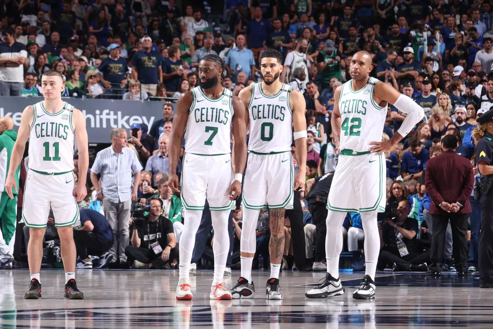 DALLAS, TX - JUNE 12: The Boston Celtics look on during the game against the Dallas Mavericks during Game 3 of the 2024 NBA Finals on June 12, 2024 at the American Airlines Center in Dallas, Texas. NOTE TO USER: User expressly acknowledges and agrees that, by downloading and or using this photograph, User is consenting to the terms and conditions of the Getty Images License Agreement. Mandatory Copyright Notice: Copyright 2024 NBAE (Photo by Nathaniel S. Butler/NBAE via Getty Images)