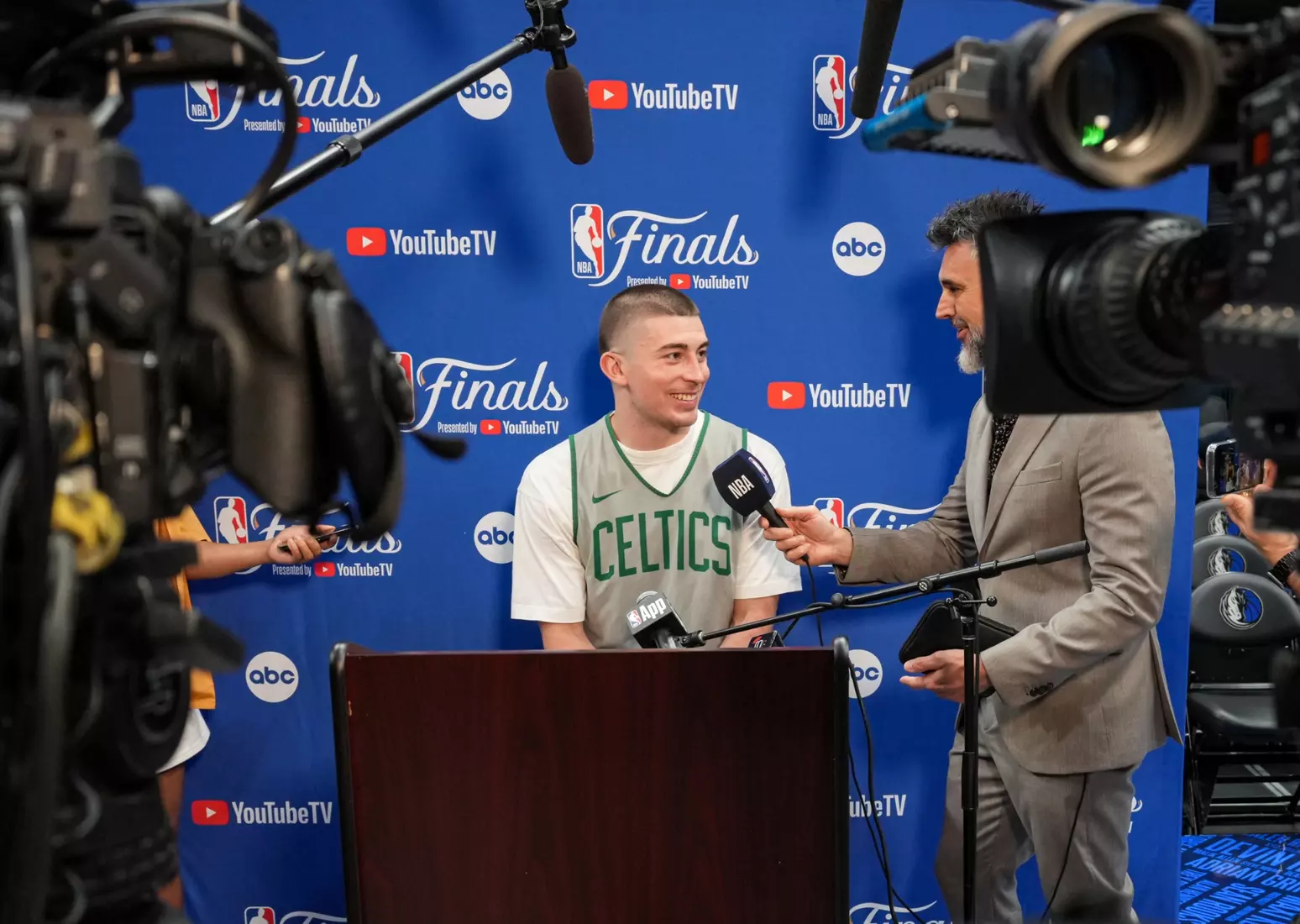 BOSTON, MA - JUNE 13: Payton Pritchard #11 of the Boston Celtics speaks the media during 2024 NBA Finals Practice and Media Availability on June 13, 2024 at the American Airlines Center in Dallas, Texas. NOTE TO USER: User expressly acknowledges and agrees that, by downloading and or using this photograph, User is consenting to the terms and conditions of the Getty Images License Agreement. Mandatory Copyright Notice: Copyright 2024 NBAE (Photo by Ryan Stetz/NBAE via Getty Images)