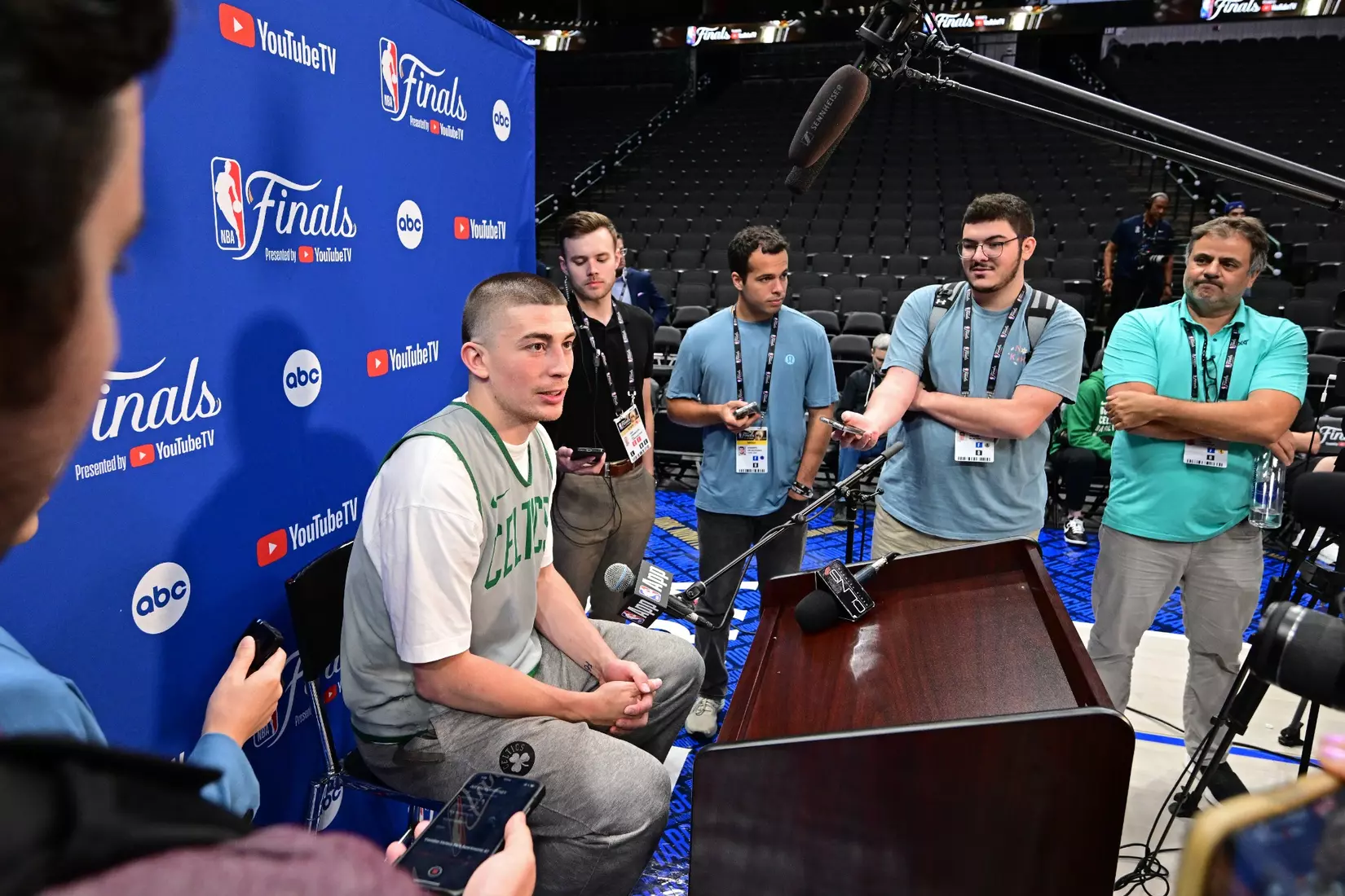 DALLAS, TX - JUNE 13: Payton Pritchard #11 of the Boston Celtics talks to the media during 2024 NBA Finals Practice and Media Availability on June 13, 2024 at the American Airlines Center in Dallas, Texas. NOTE TO USER: User expressly acknowledges and agrees that, by downloading and or using this photograph, User is consenting to the terms and conditions of the Getty Images License Agreement. Mandatory Copyright Notice: Copyright 2024 NBAE (Photo by Adam Pantozzi/NBAE via Getty Images)