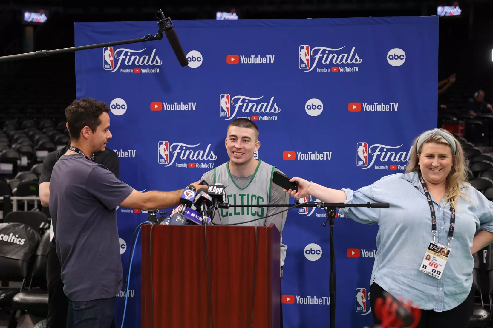 BOSTON, MA - JUNE 16:  Payton Pritchard #11 of the Boston Celtics talks to the media during 2024 NBA Finals Practice and Media Availability on June 16, 2024 at the TD Garden in Boston, Massachusetts. NOTE TO USER: User expressly acknowledges and agrees that, by downloading and or using this photograph, User is consenting to the terms and conditions of the Getty Images License Agreement. Mandatory Copyright Notice: Copyright 2024 NBAE (Photo by Brian Choi/NBAE via Getty Images)