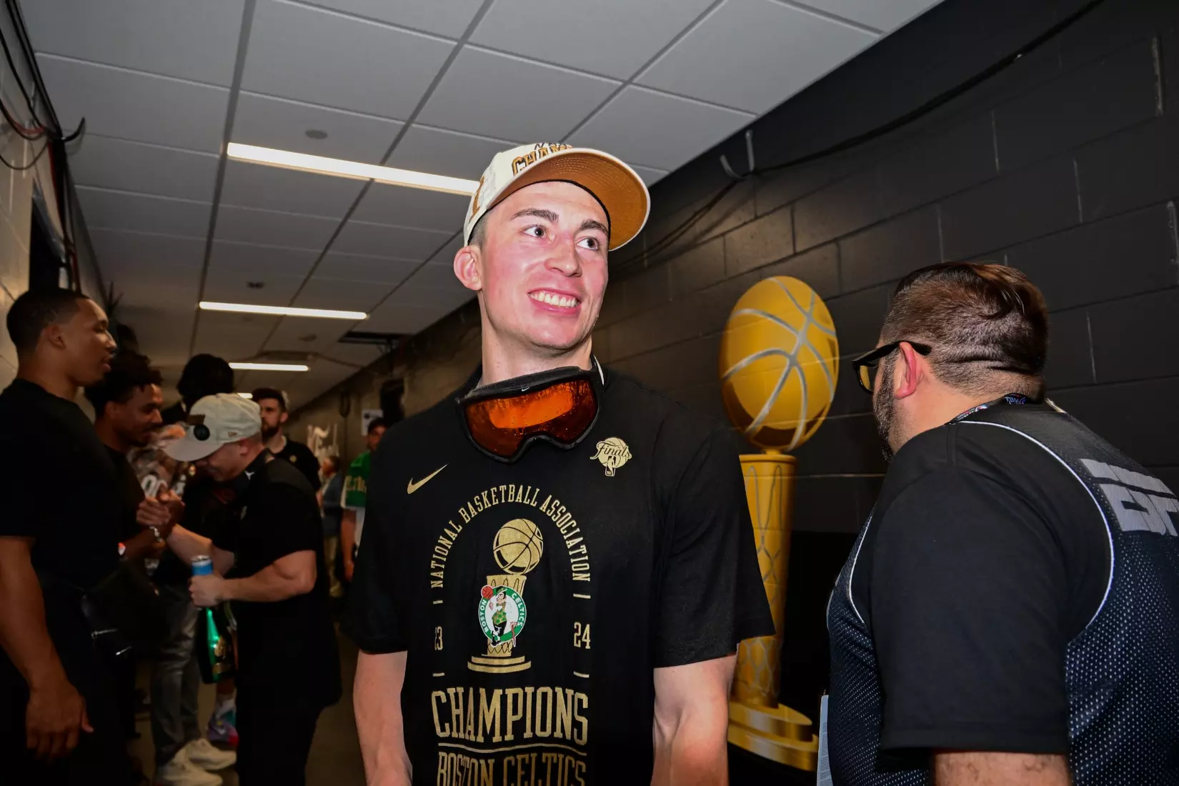 BOSTON, MA - JUNE 17: Payton Pritchard #11 of the Boston Celtics smiles after the game against the Dallas Mavericks during Game Five of the 2024 NBA Finals on June 17, 2024 at the TD Garden in Boston, Massachusetts.