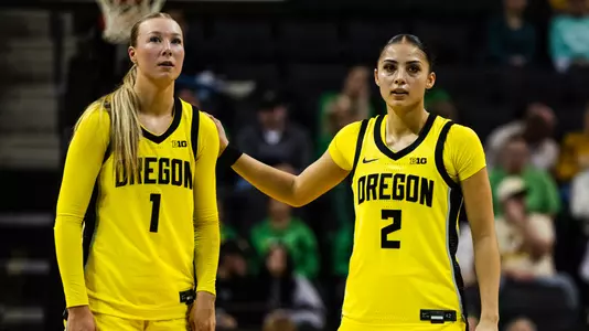 The Oregon women's basketball team takes on Michigan at Matthew Knight Arena on Dec. 29, 2025.