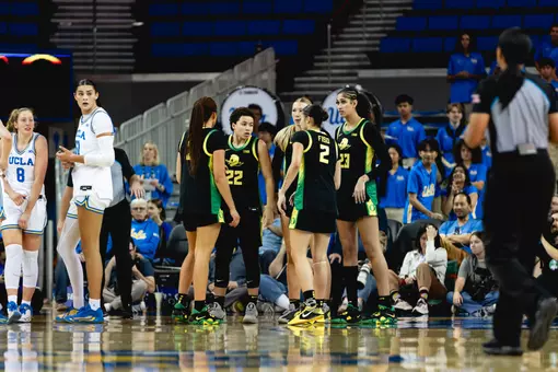 The Oregon women's basketball team takes on UCLA at Pauley Pavilion on Dec. 7, 2025.