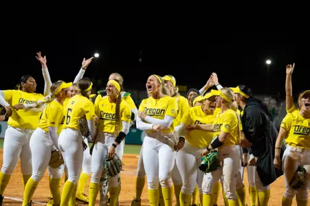 The Oregon Ducks take on the UCLA Bruins at Jane Sanders Stadium in Eugene, Oregon on April 18, 2025.