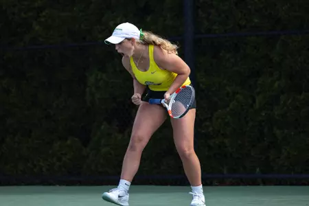 The Oregon women's tennis team takes on Nebraska on Senior Day at the UO Student Tennis Center on April. 20, 2025.