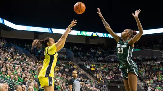 The Oregon women's basketball team takes on No. 15 Michigan State at Matthew Knight Arena on Jan. 11, 2026.