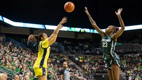 The Oregon women's basketball team takes on No. 15 Michigan State at Matthew Knight Arena on Jan. 11, 2026.
