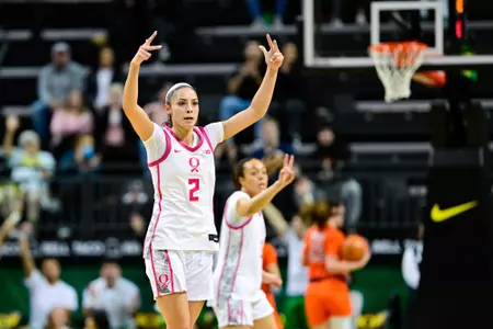 The University of Oregon Ducks Women's Basketball team played the University of Illinois Fighting Illini in a home game at Matthew Knight Arena in Eugene, Ore., on Feb. 4, 2026. (Eric Becker/Oregon WBB)