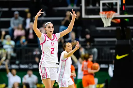 The University of Oregon Ducks Women's Basketball team played the University of Illinois Fighting Illini in a home game at Matthew Knight Arena in Eugene, Ore., on Feb. 4, 2026. (Eric Becker/Oregon WBB)