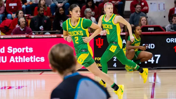 The Oregon women's basketball team takes on Indiana at Simon Skjodt Assembly Hall in Bloomington, Ind., on Feb. 22, 2026.
