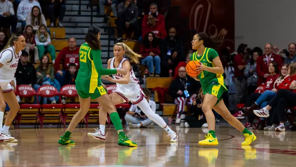 The Oregon women's basketball team takes on Indiana at Simon Skjodt Assembly Hall in Bloomington, Ind., on Feb. 22, 2026.