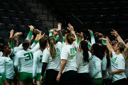The Oregon Ducks acrobatics and tumbling team hosted the Quinnipiac Bobcats in their first home meet of the 2026 season on Saturday, Feb. 21 in Matthew Knight Arena.