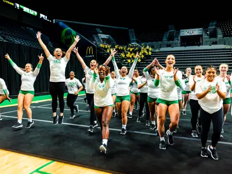 The Oregon Ducks acrobatics and tumbling team hosted the Quinnipiac Bobcats in their first home meet of the 2026 season on Saturday, Feb. 21 in Matthew Knight Arena.