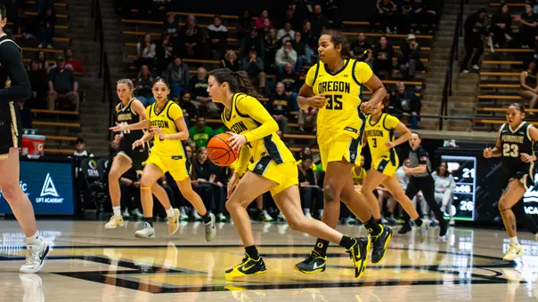 The Oregon women's basketball team takes on Purdue at Mackey Arena on West Lafayette, Ind., on Feb. 25, 2026.