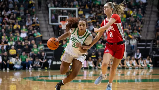 The Oregon women's basketball team takes on Ohio State at Matthew Knight Arena on Feb. 8, 2026.