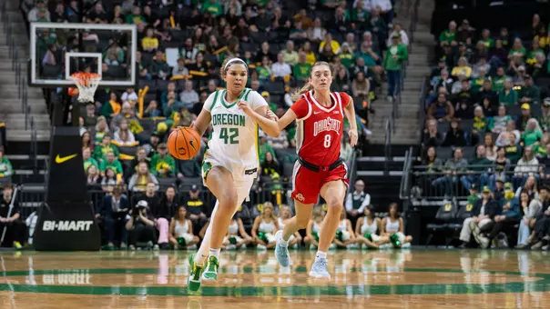 The Oregon women's basketball team takes on Ohio State at Matthew Knight Arena on Feb. 8, 2026.