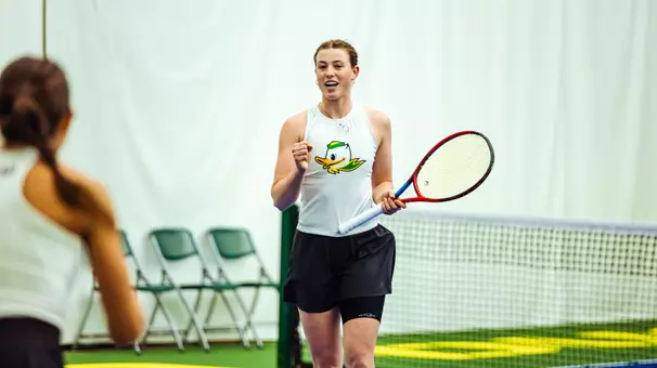 The Oregon women's tennis team takes on Washington at the UO Student Tennis Center on March 14, 2026.