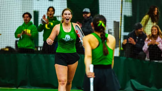 The Oregon women's tennis team takes on Rutgers at the UO Student Tennis Center on March 8, 2026.