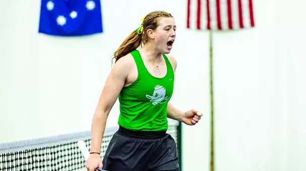 The Oregon women's tennis team takes on Rutgers at the UO Student Tennis Center on March 8, 2026.