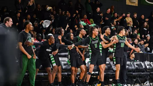 Men's Basketball celebrating after an and-one versus Longwood (1/29/26)