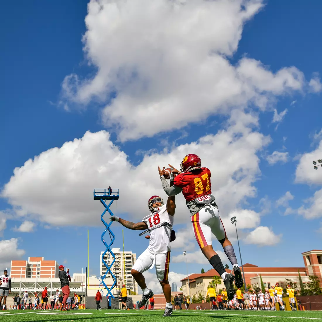 The USC Trojans hold their fifth spring football practice at Howard Jones Field on March 21, 2019.