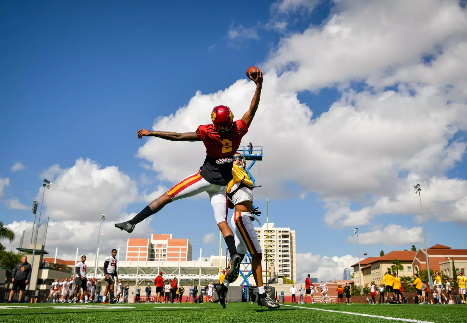 The USC Trojans hold their fifth spring football practice at Howard Jones Field on March 21, 2019.