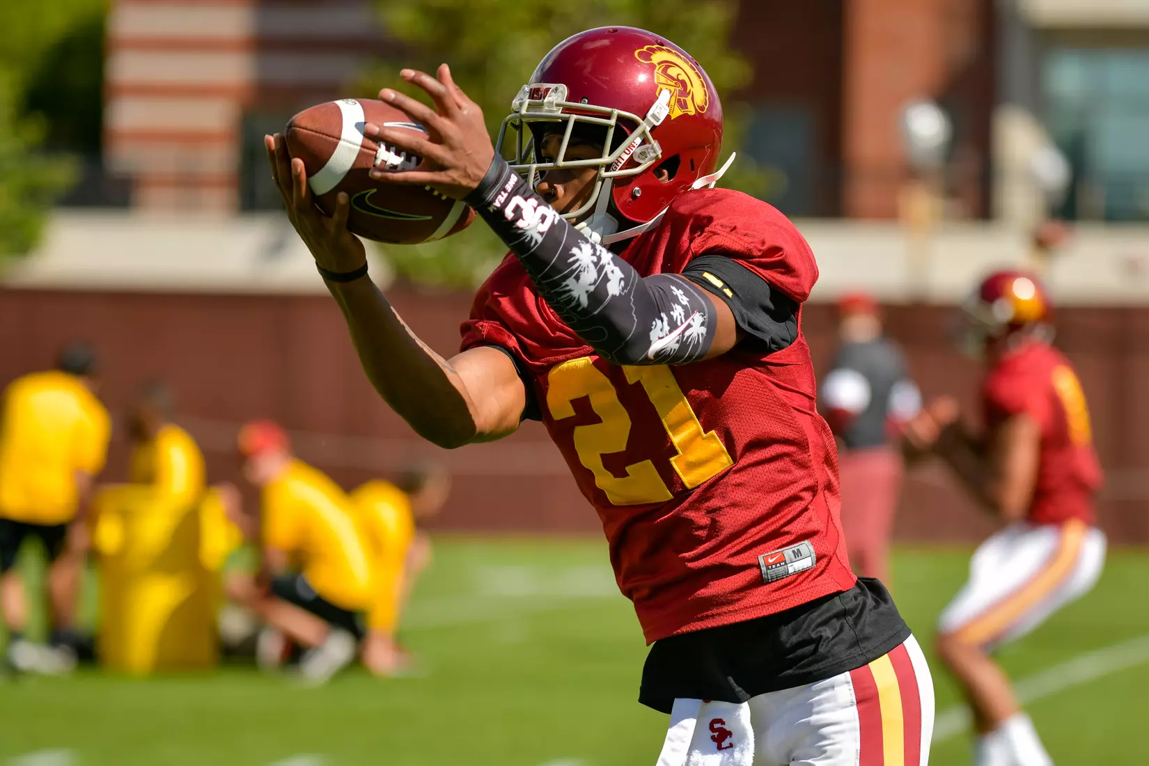 The USC Trojans hold their fifth spring football practice at Howard Jones Field on March 21, 2019.