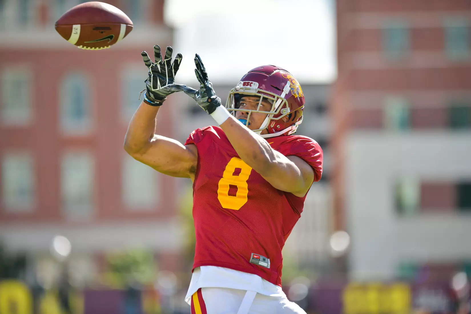 The USC Trojans hold their fifth spring football practice at Howard Jones Field on March 21, 2019.
