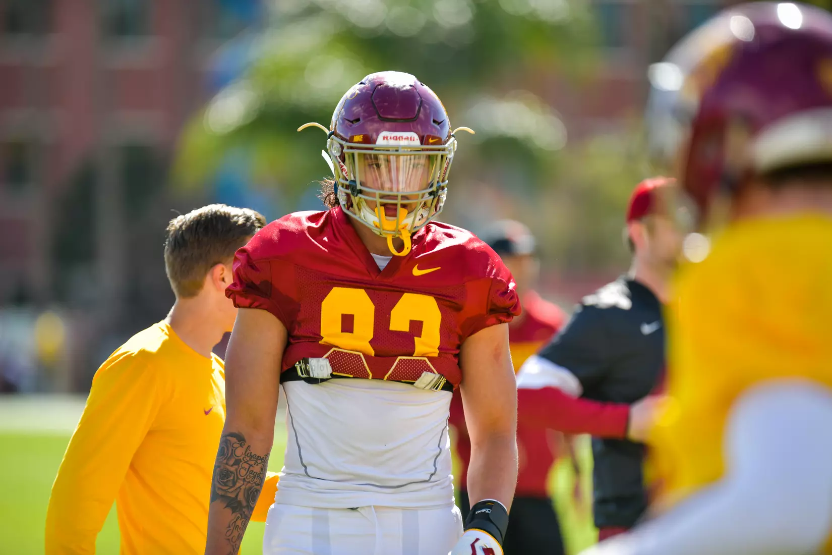 The USC Trojans hold their fifth spring football practice at Howard Jones Field on March 21, 2019.