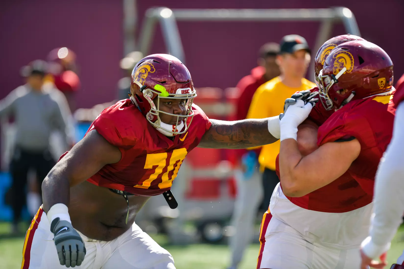 The USC Trojans hold their fifth spring football practice at Howard Jones Field on March 21, 2019.