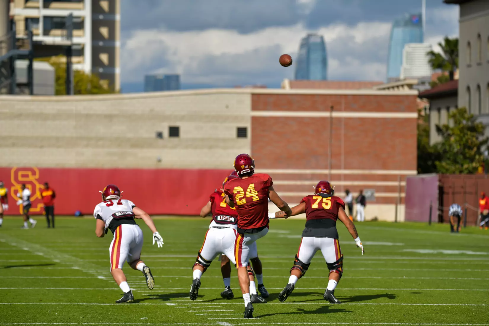 The USC Trojans hold their fifth spring football practice at Howard Jones Field on March 21, 2019.