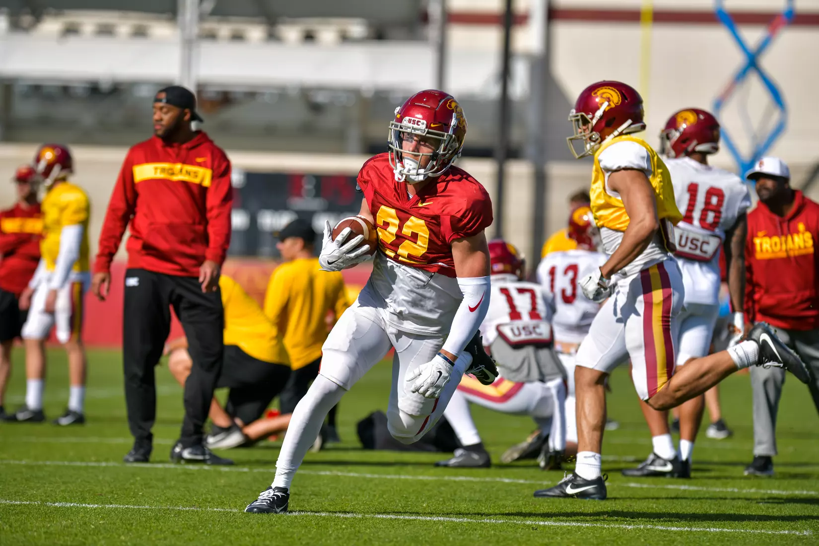 The USC Trojans hold their fifth spring football practice at Howard Jones Field on March 21, 2019.