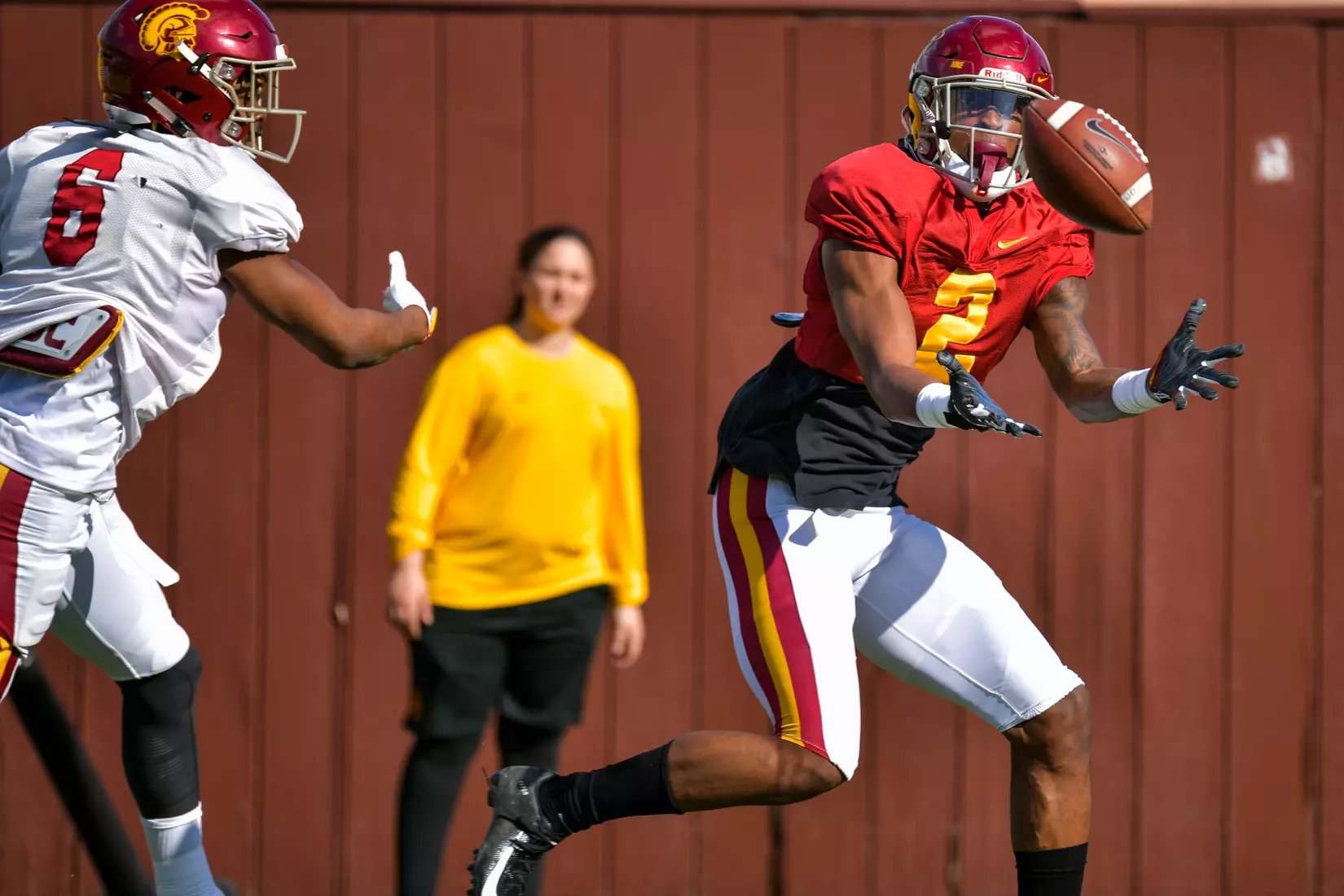 The USC Trojans hold their fifth spring football practice at Howard Jones Field on March 21, 2019.