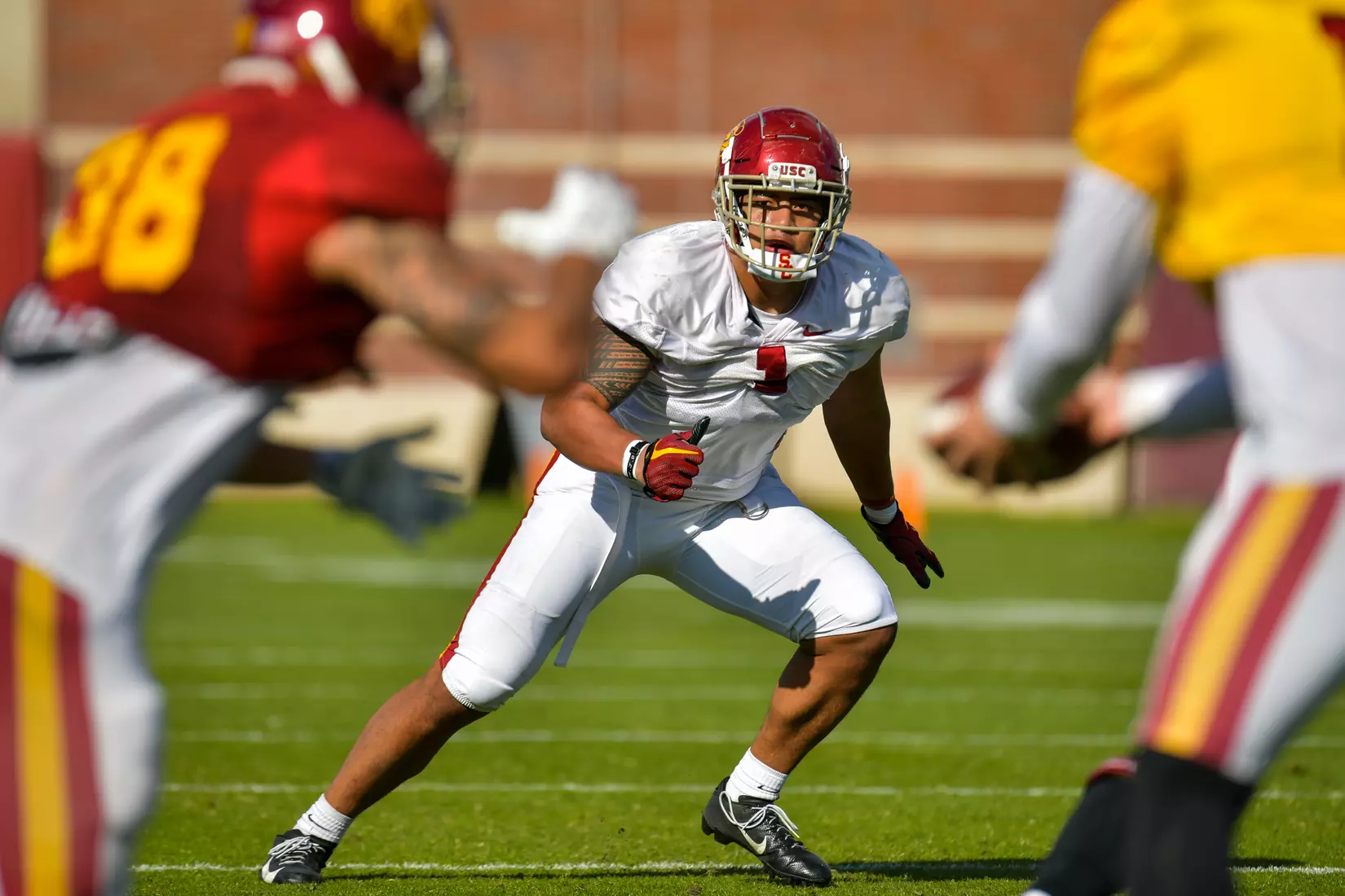 The USC Trojans hold their fifth spring football practice at Howard Jones Field on March 21, 2019.
