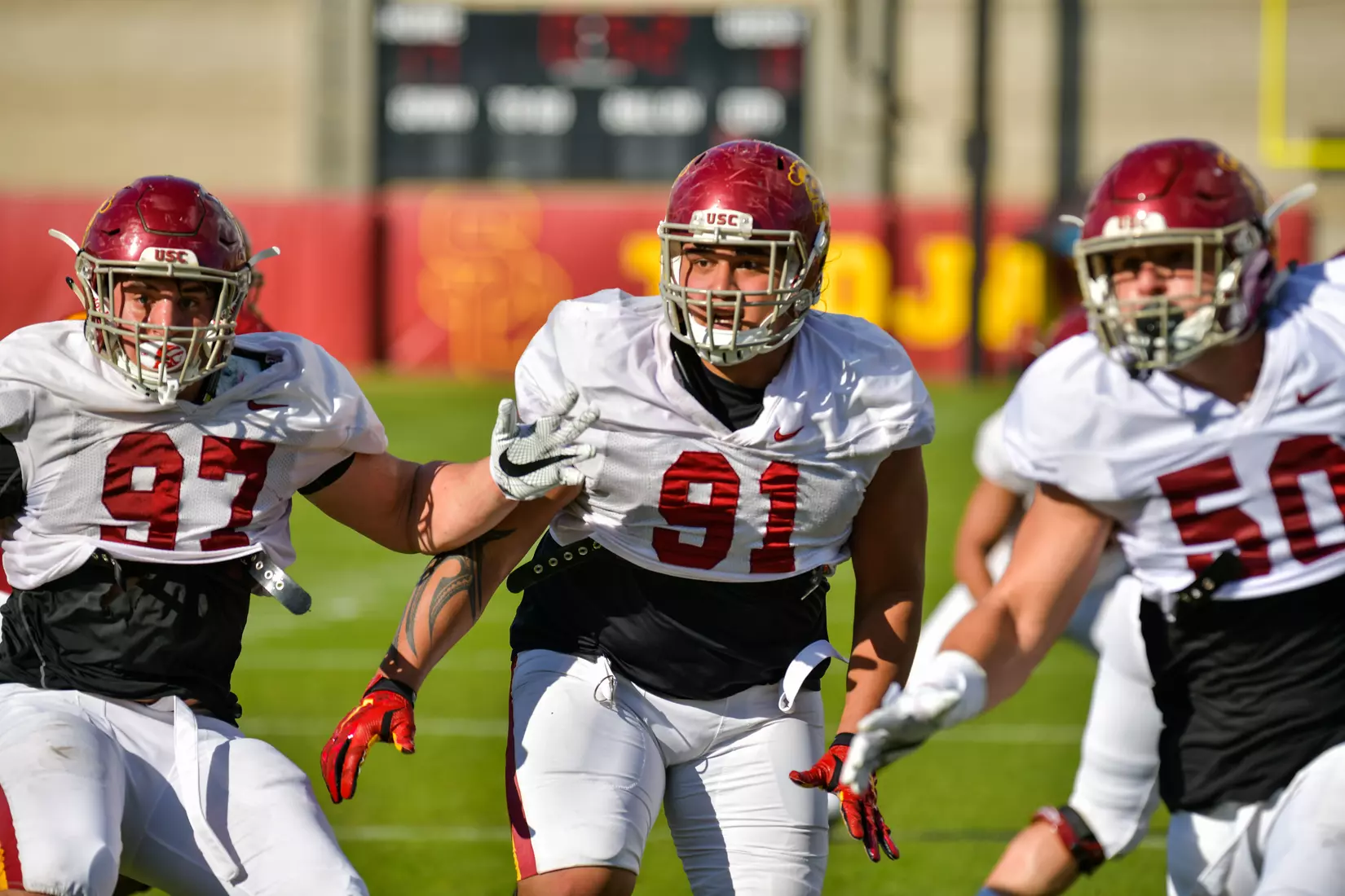 The USC Trojans hold their fifth spring football practice at Howard Jones Field on March 21, 2019.