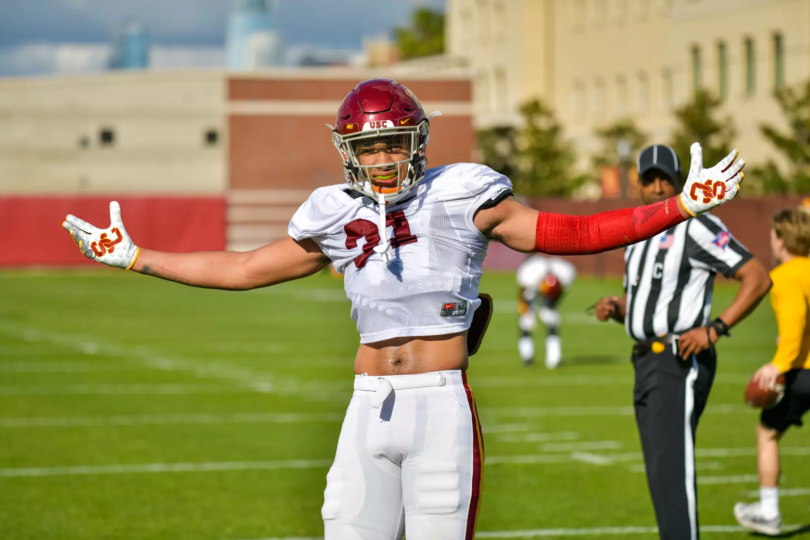 The USC Trojans hold their fifth spring football practice at Howard Jones Field on March 21, 2019.