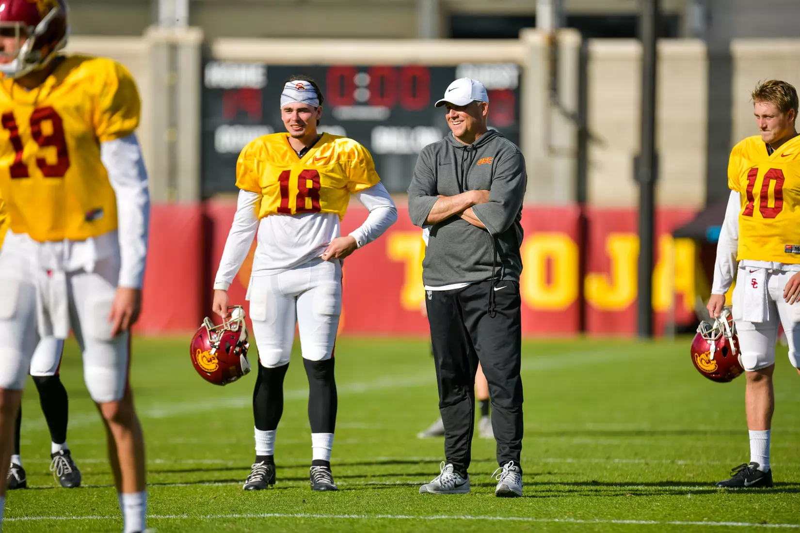 The USC Trojans hold their fifth spring football practice at Howard Jones Field on March 21, 2019.