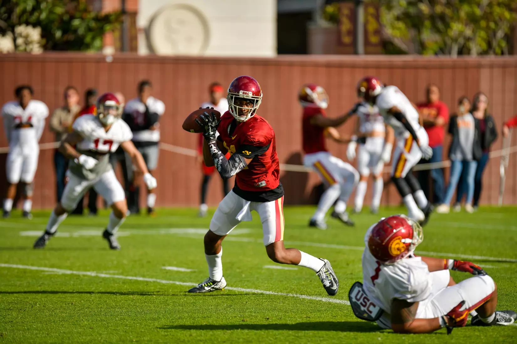 The USC Trojans hold their fifth spring football practice at Howard Jones Field on March 21, 2019.