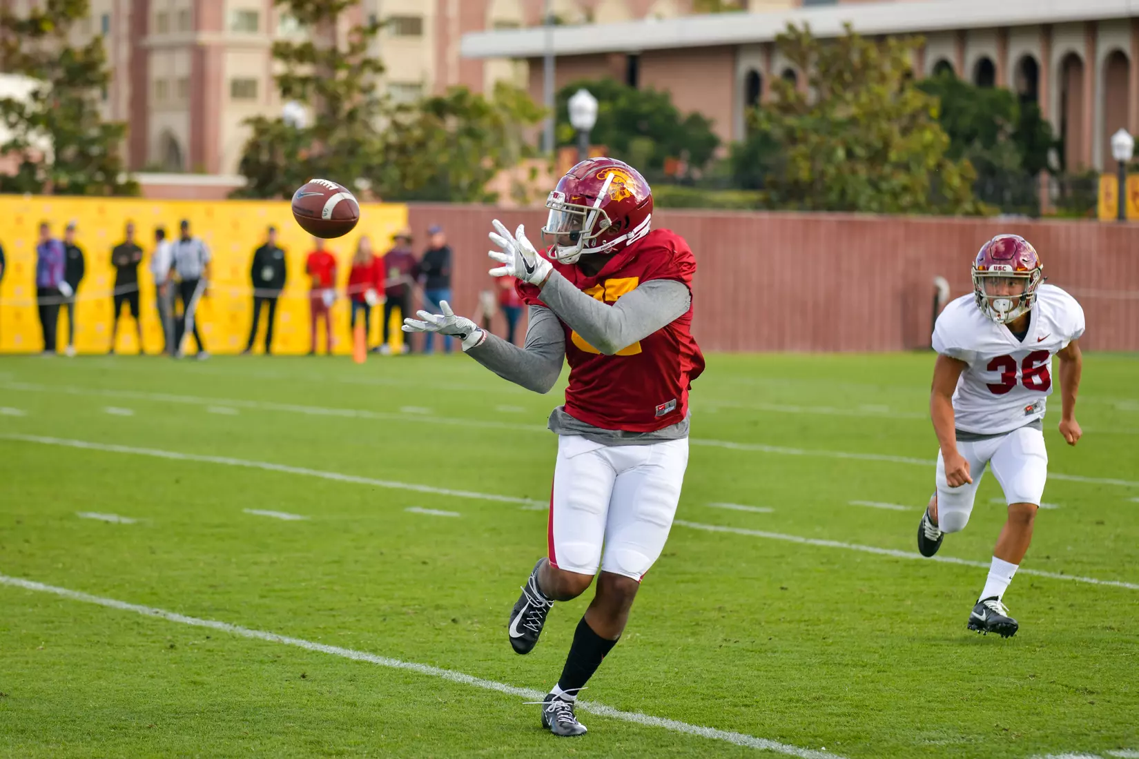 The USC Trojans hold their fifth spring football practice at Howard Jones Field on March 21, 2019.