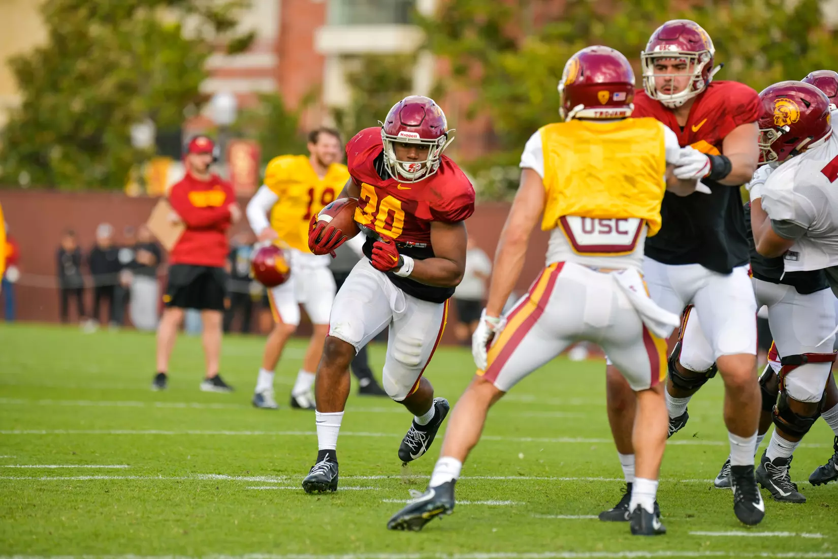 The USC Trojans hold their fifth spring football practice at Howard Jones Field on March 21, 2019.