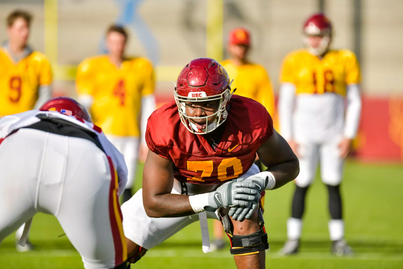 The USC Trojans hold their fifth spring football practice at Howard Jones Field on March 21, 2019.