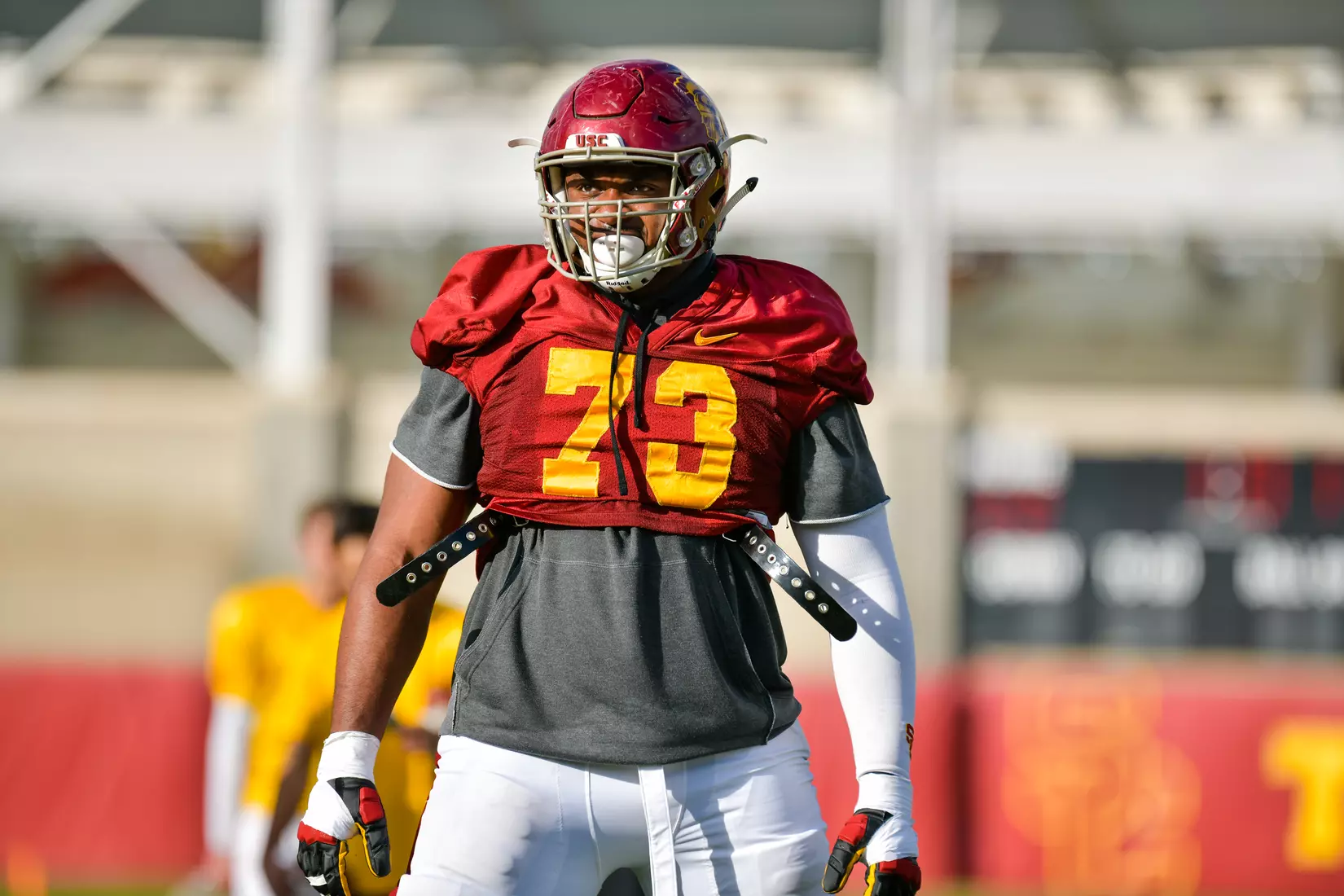 The USC Trojans hold their fifth spring football practice at Howard Jones Field on March 21, 2019.