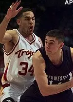 Northwestern's Steve Lepore looks for a teammate to pass to while USC's David Bluthenthal defends during the first half in Los Angeles on Wednesday.