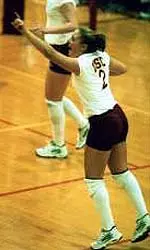 Sophomore Julie Mariani celebrates as USC volleyball wins the PAC-10 Championship.