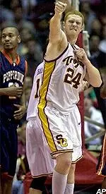 Center Brian Scalabrine reacts to a Pepperdine turnover in the final three minutes of USC's 76-73 victory.