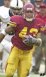 USC safety Troy Polamalu (43) outruns Penn State offensive tackle Imani Bell as he returns an interception for