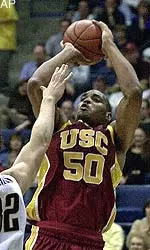 Sam Clancy goes up for two of his 25 points in the first half of USC's 80--66 win over Cal.