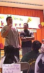 OL Eric Torres and LB Oscar Lua speak to local school kids.