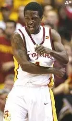 Roydell Smiley celebrates after scoring two of his 16 points during the Trojans' loss to OSU.