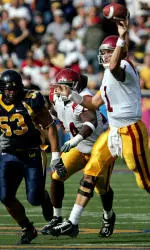 Matt Leinart passes in front of California defensive end Nu'u Tafisa (53) in the first quarter, Saturday, Nov. 12, 2005 in Berkeley, Calif. (AP Photo/Paul Sakuma)